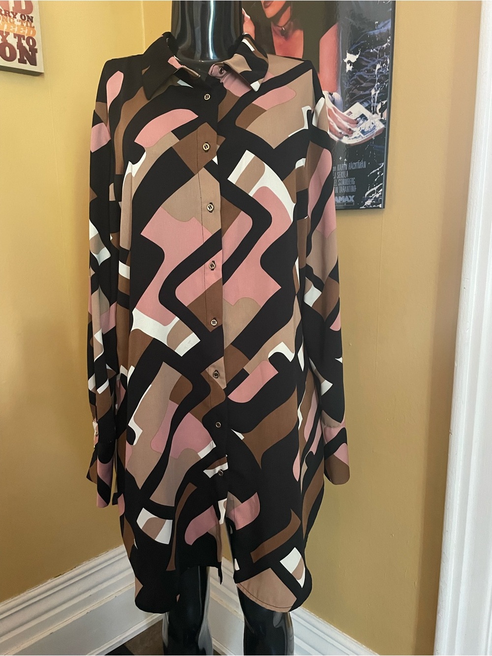 Abstract Geometric Print Button-Up Tunic Dress ( Large )